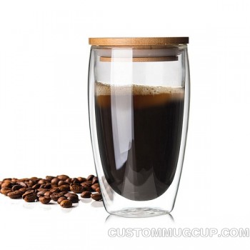 Custom Logo Double Wall Glass Mug Coffee Tumbler with Lid 350
