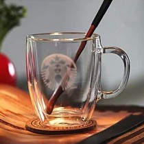 Custom Logo Double Wall Glass Mug Coffee Tumbler with Lid 350