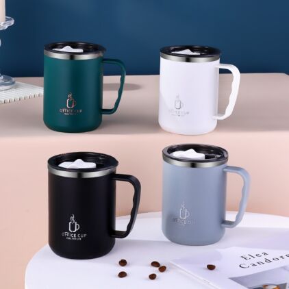 500ml/17oz  Double Layers Coffee Mug Milk Cup With Plastic Lid And Handle 304 Stainless Steel Water Bottle