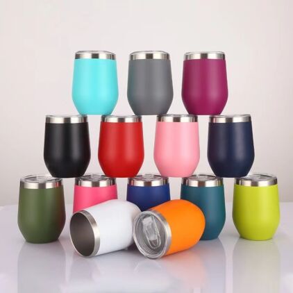 Custom Cocktails Egg Shaped Coffee Mug Stainless Steel Insulated Cups Powder Coating 12oz Stemless Wine Glass Tumbler with Lid