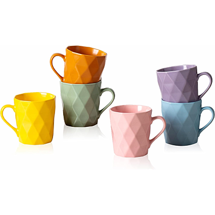 Colorful Coffee Mug Set of 6, Embossed Ceramic Mug for Coffee, Tea,Milk  12Ounce
