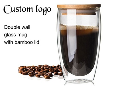 450ML Double wall glass mug with bamboo lid