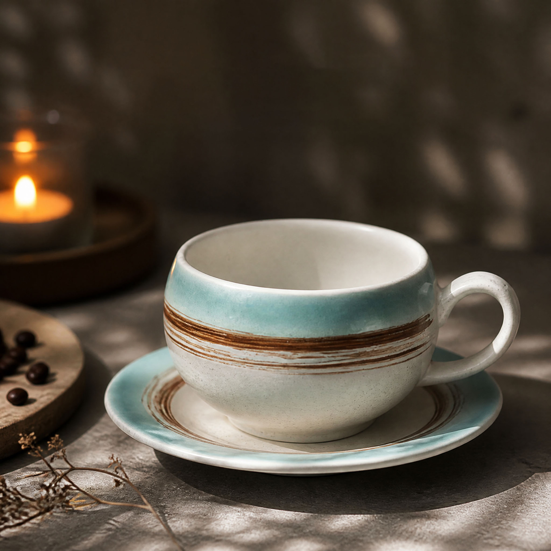 Brushed teal spherical ceramic coffee cup with matching saucer